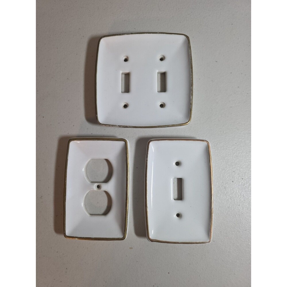 Vintage 3 White Glazed Switch Plates Ceramic, One Double, One Single, One Outlet